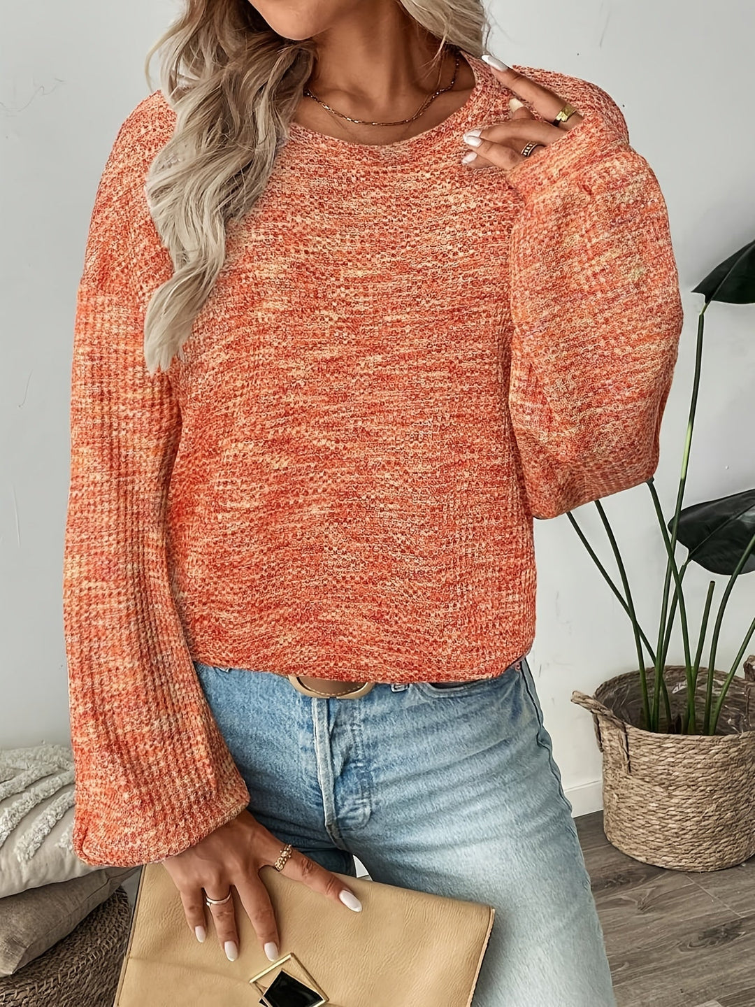 Orange-Red Relaxed Waffle-Knit Sweater for Women