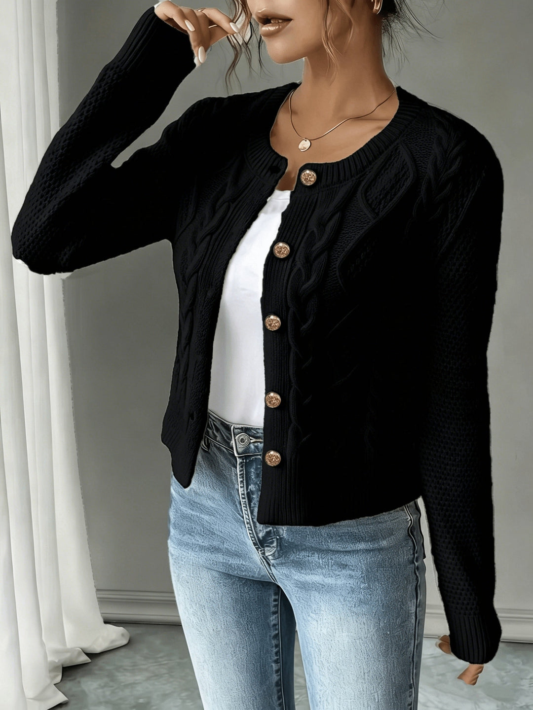 Cable-Knit Button-Front Cardigan for Women