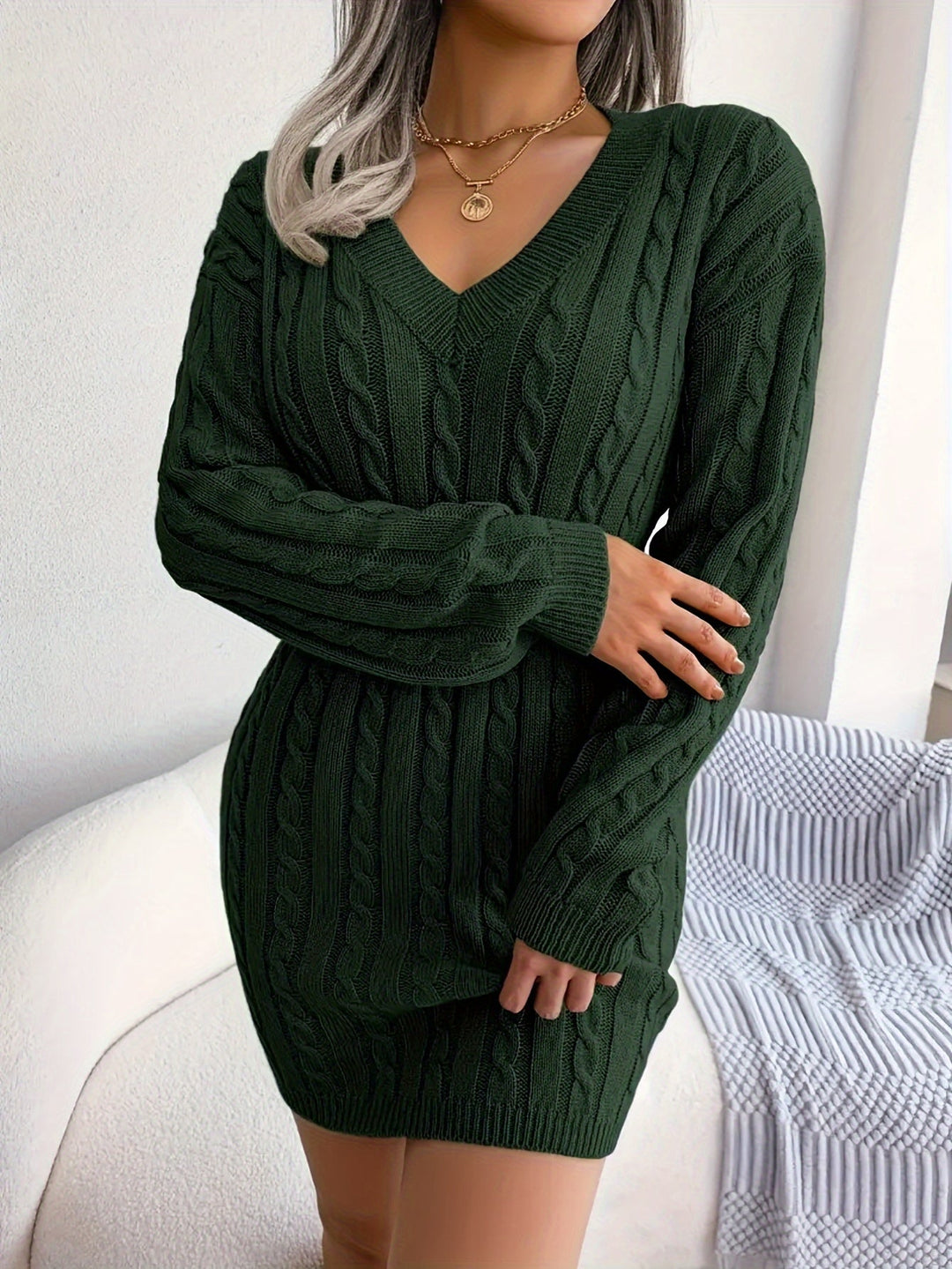 Ladies Cable-Knit Peplum Sweater Dress