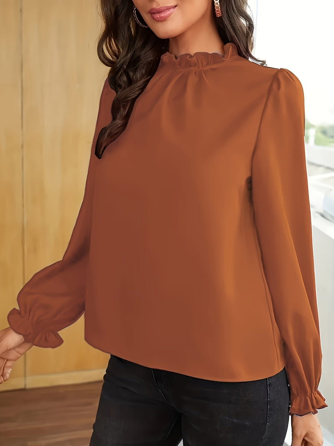 Ruffled High-Neck Puff Sleeve Blouse for Women
