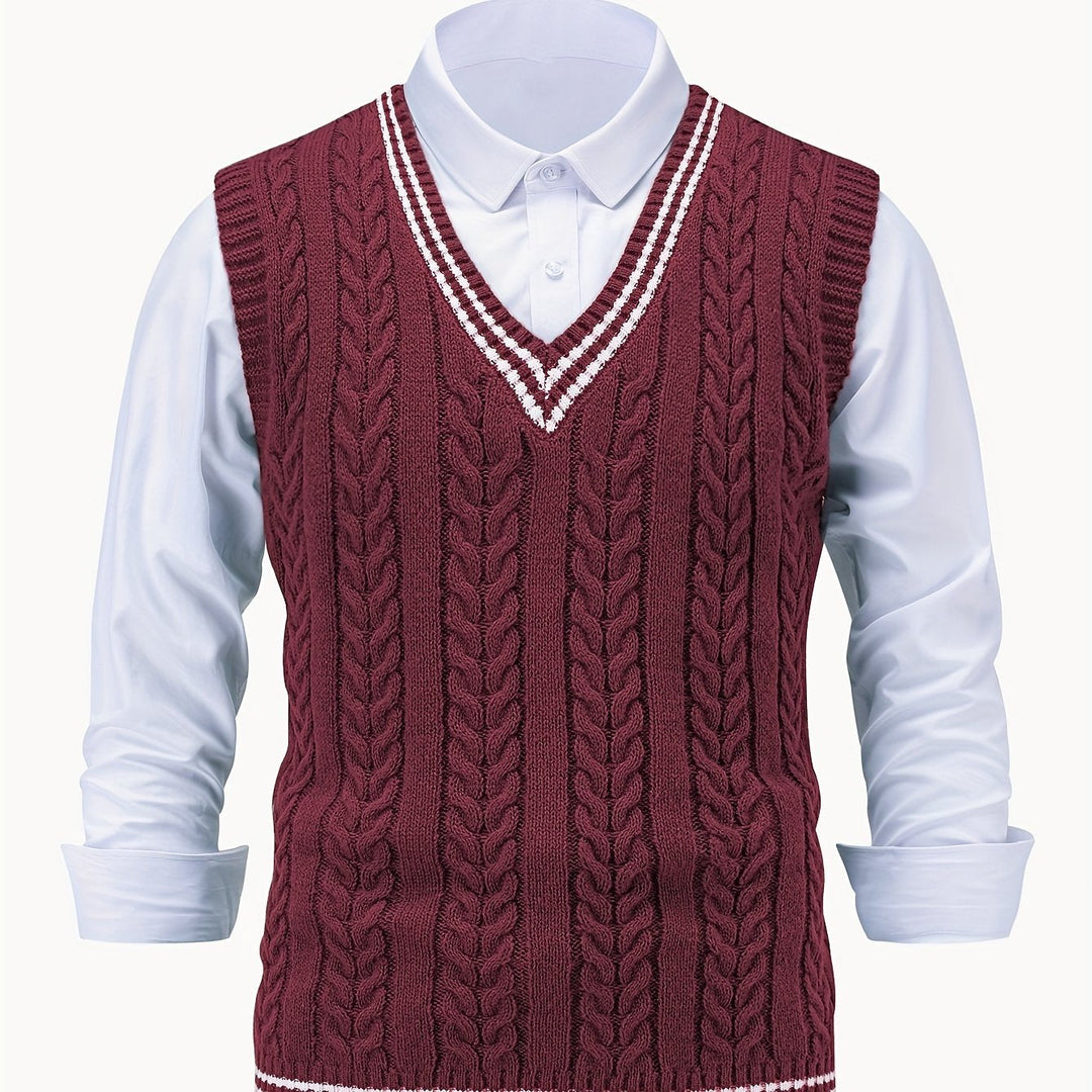 Cable-Knit V-Neck Sweater Vest for Men, Dark Gray