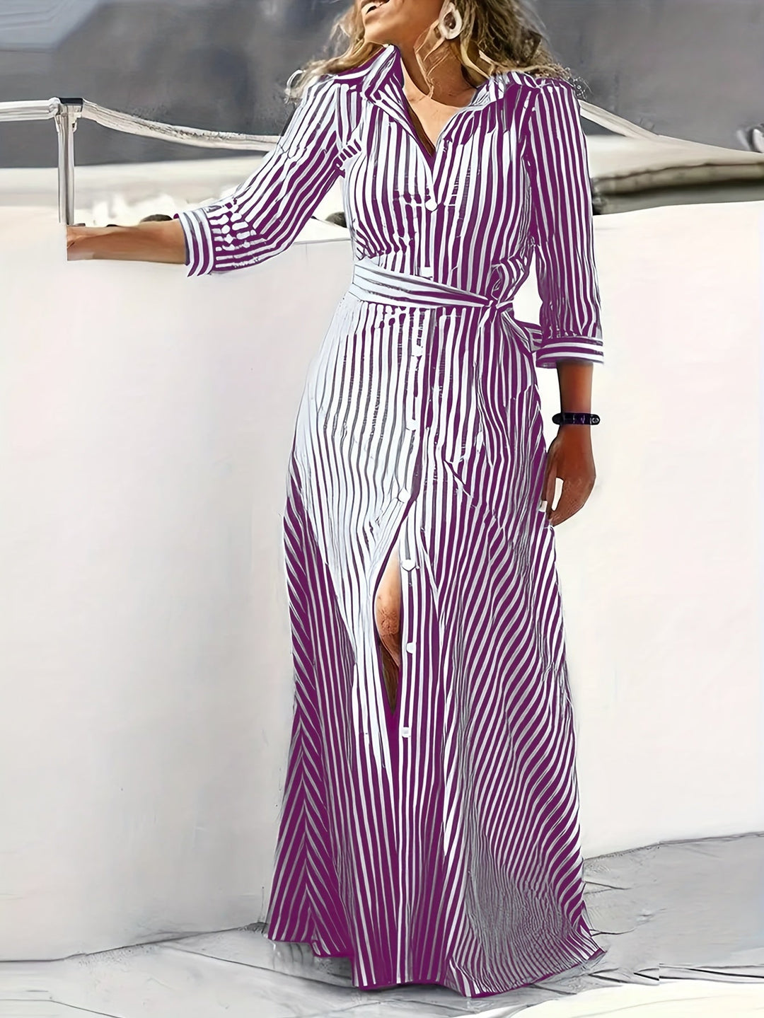 Women's Belted Shirt Maxi Dress