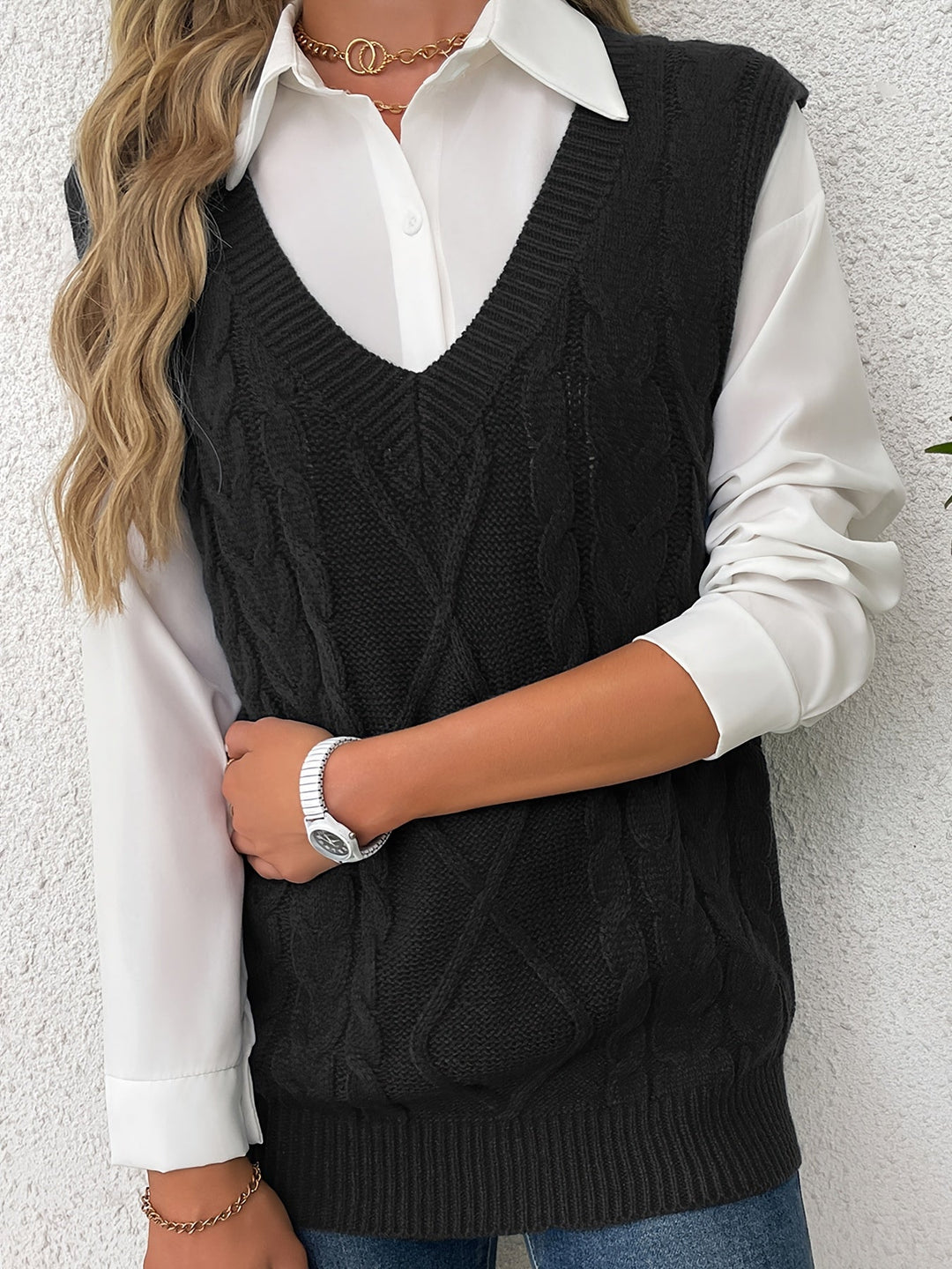 Ladies Cozy Cable-Knit V-Neck Sweater Vest