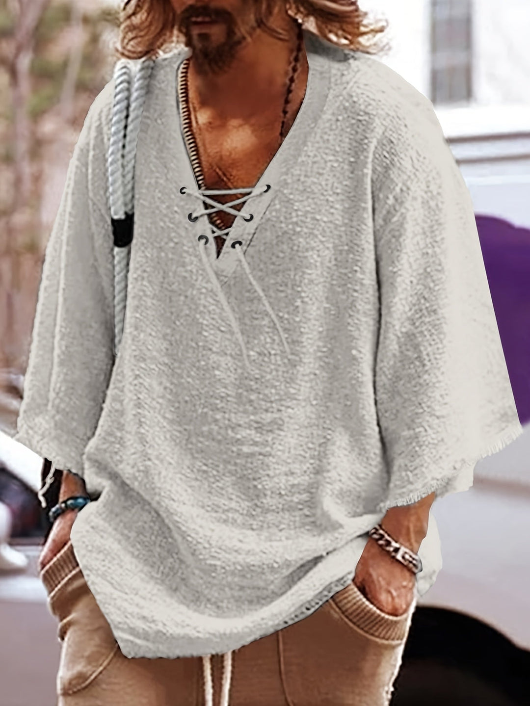 Lace-Up V-Neck Shirt for Men, Relaxed Style