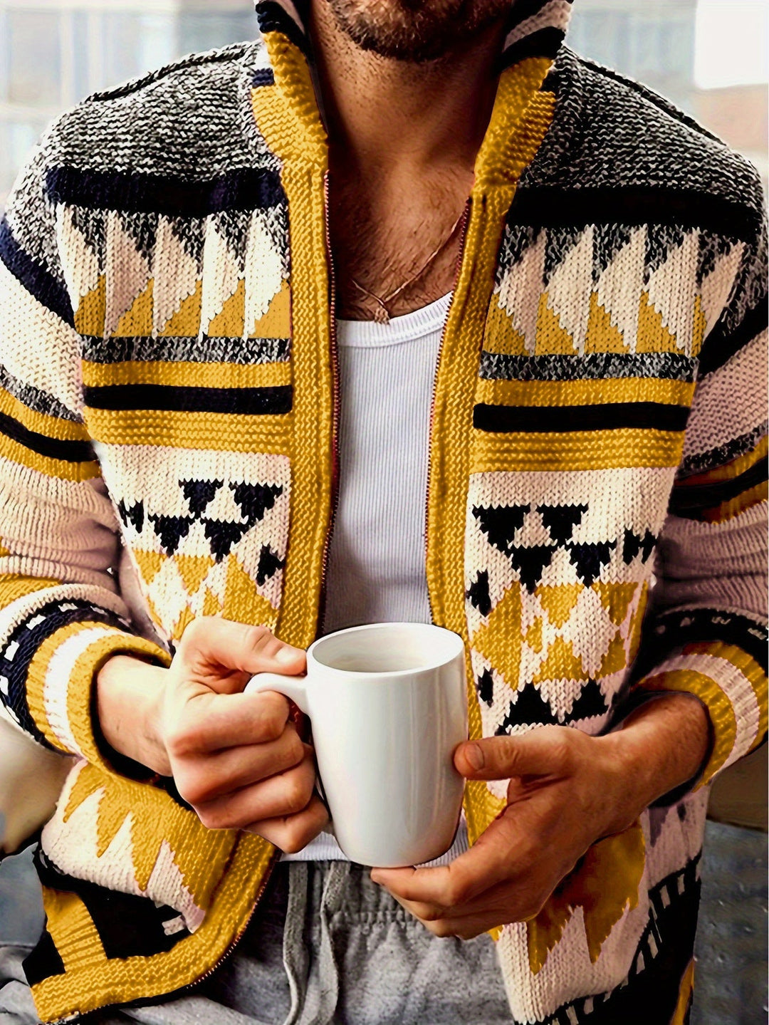 Patterned Zip-Up Cardigan for Men