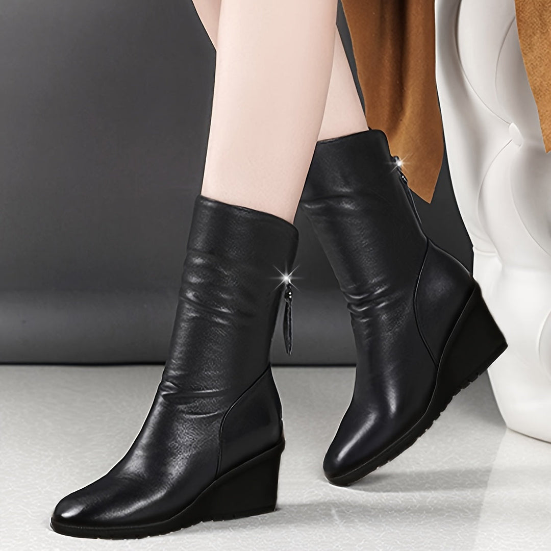 Black Sleek Wedge Mid-Calf Boots for Women