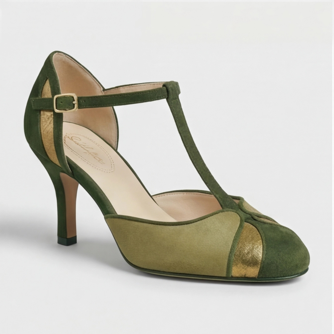 Green Sophisticated Suede T-Strap Heels for Women