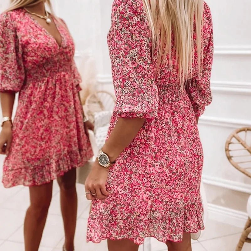 Plus Size Elegant Floral V-Neck Dress for Women