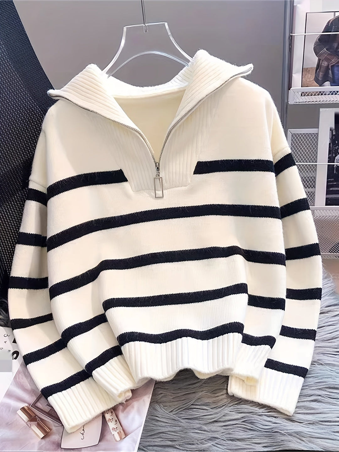 Striped Quarter-Zip Sweater for Women