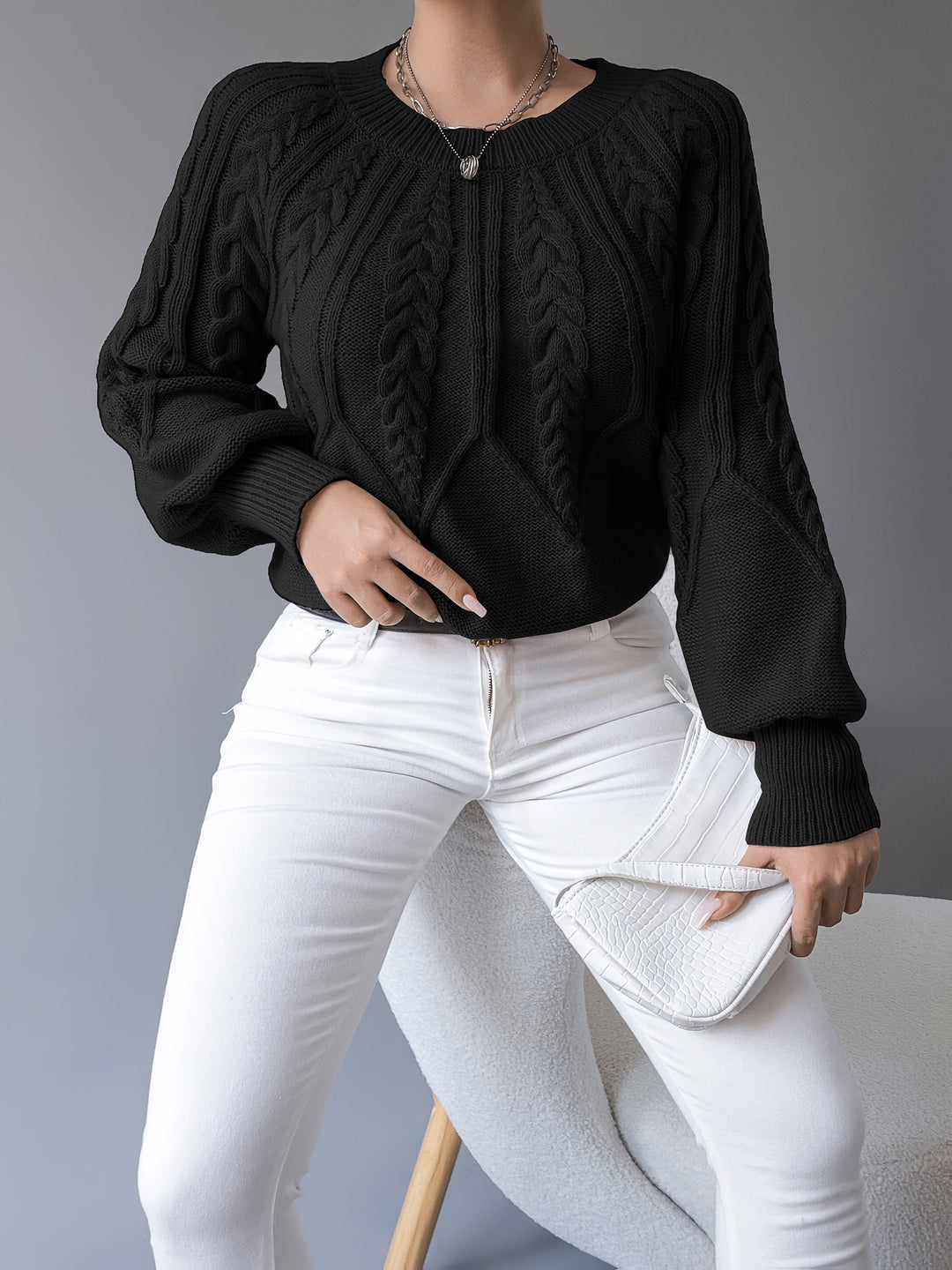 Cable-Knit Lantern Sleeve Sweater for Women