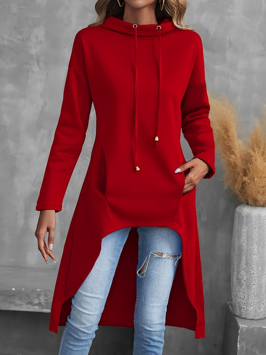 High-Low Drawstring Hoodie for Women