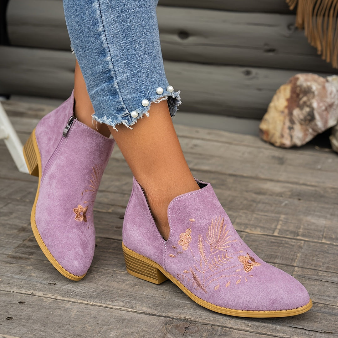 Embroidered Low-Heel Ankle Boots for Women