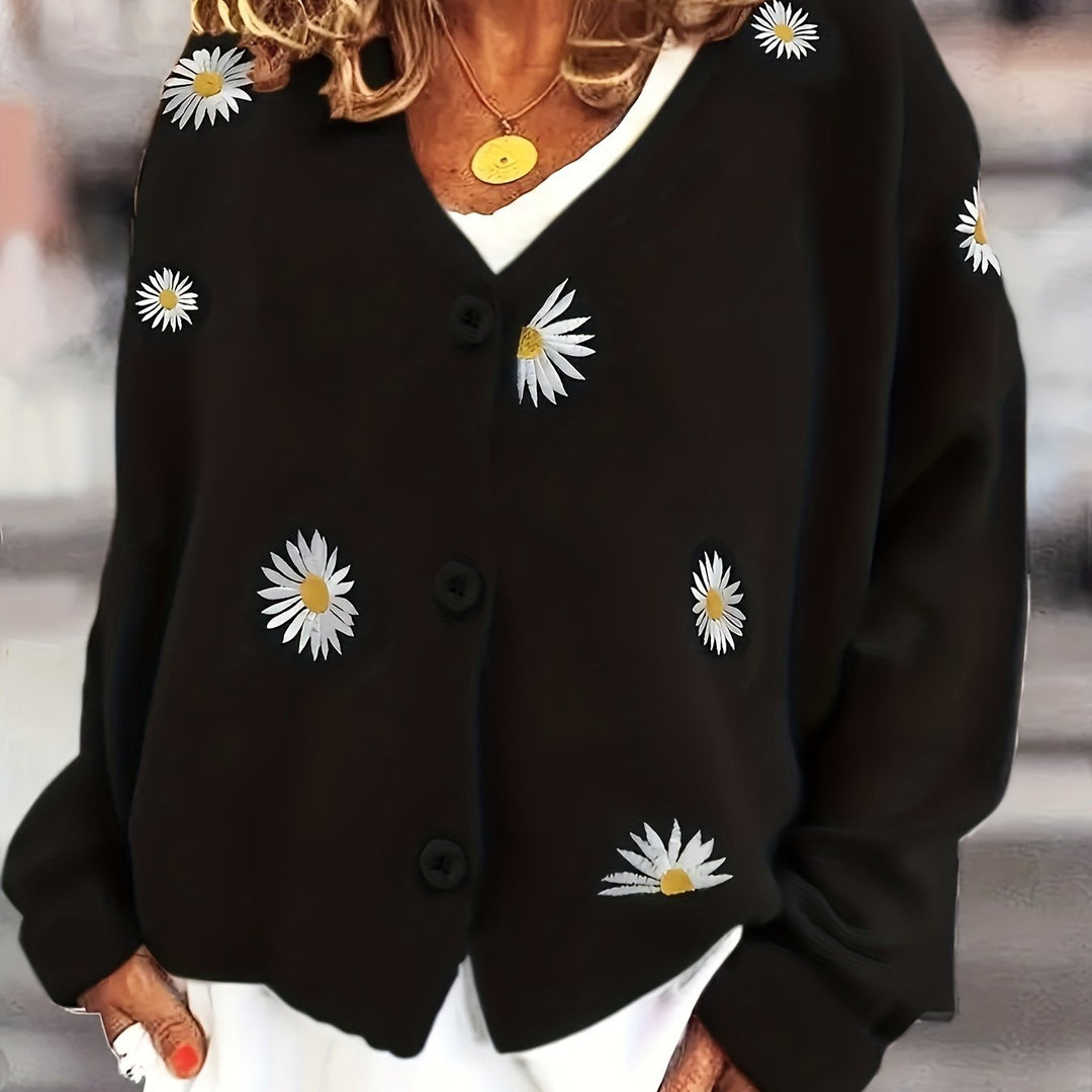 Floral Embroidered Button-Front Cardigan for Women