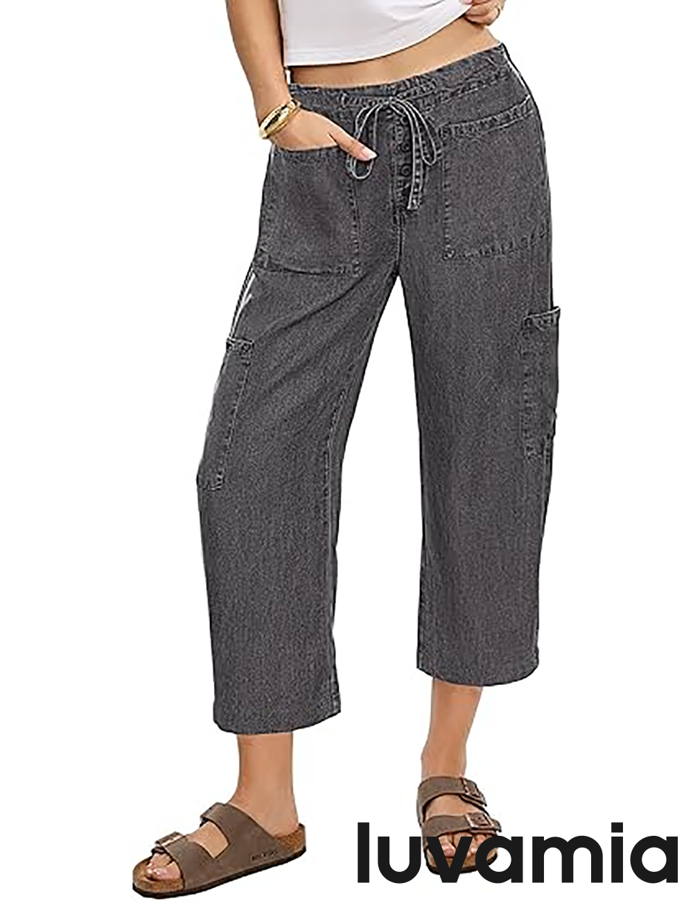 Women's Denim Elastic-Waist Drawstring Wide-Leg Jeans – Dust Black
