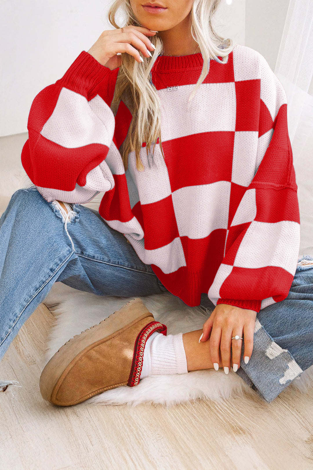 Women's Balloon Sleeve Plaid Sweater