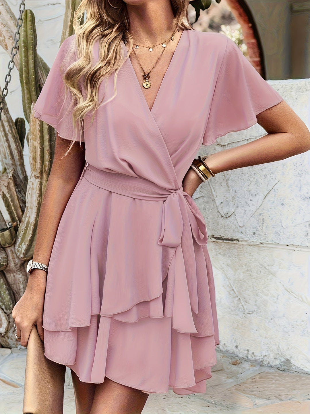 Pale Pinkish Gray Ruffled Wrap Dress for Women