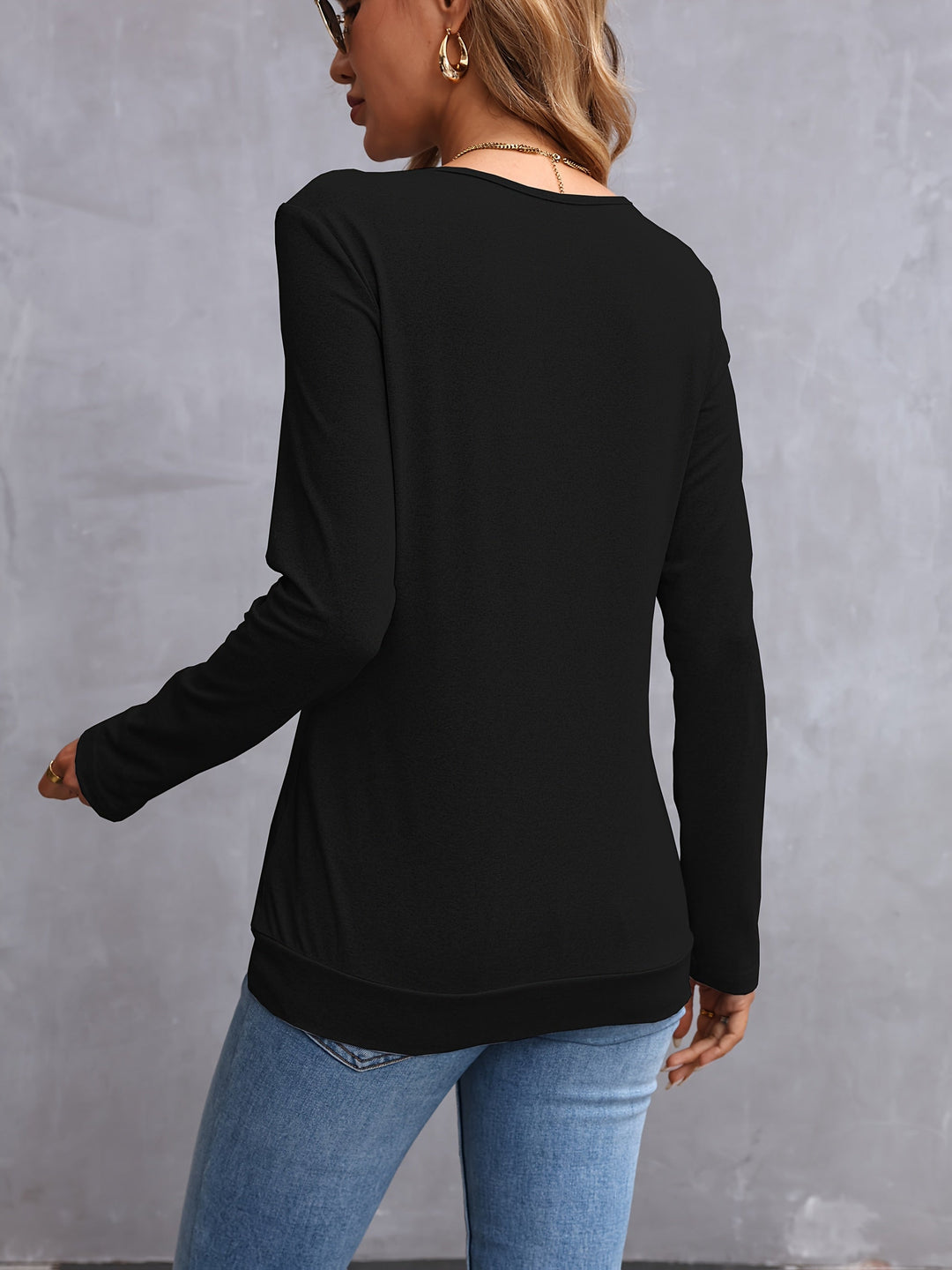 Side-Button V-Neck Long Sleeve Top for Women
