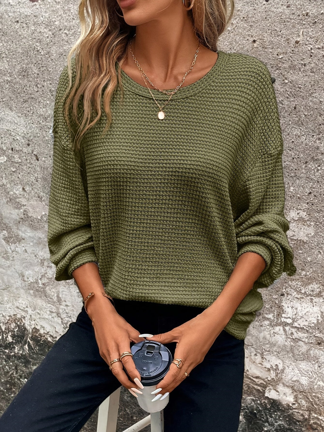 Waffle-Knit Sweater for Women, Relaxed Style