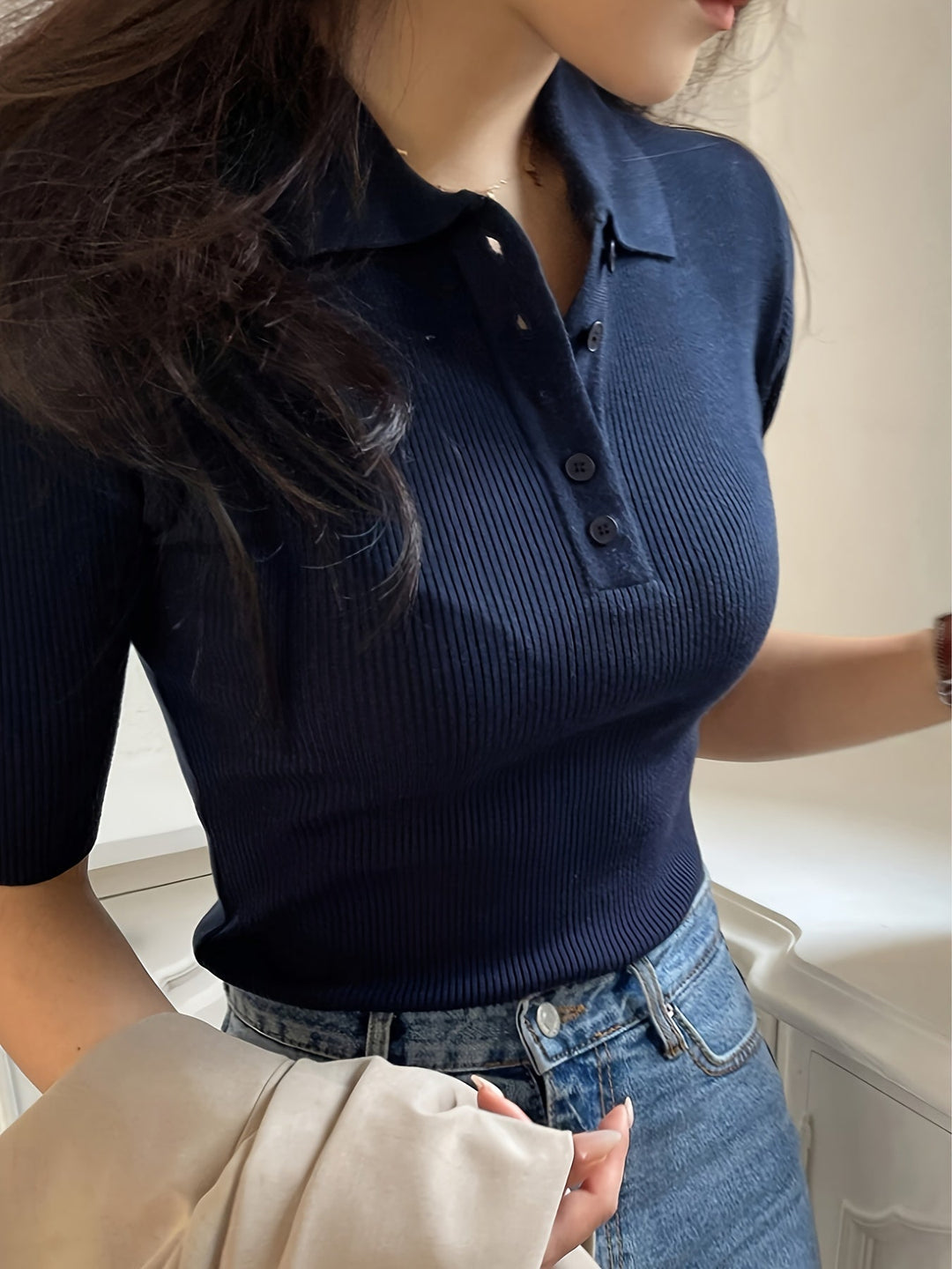 Navy Ribbed Collared Top for Women
