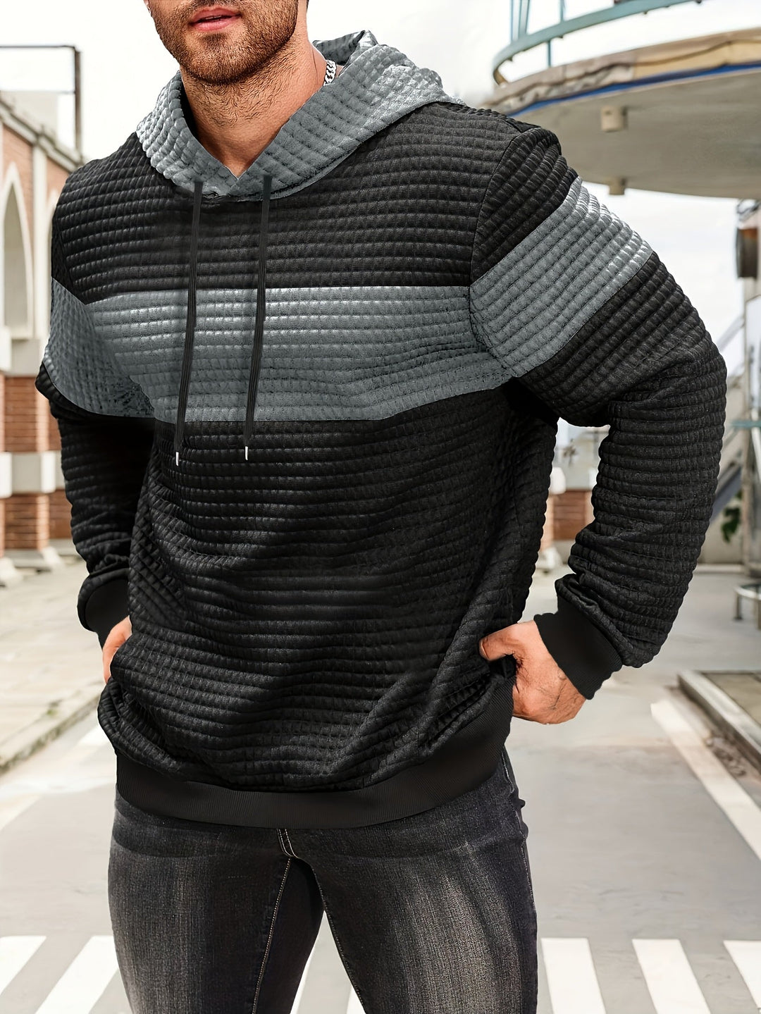 Colour-Block Hoodie for Men, Textured Style