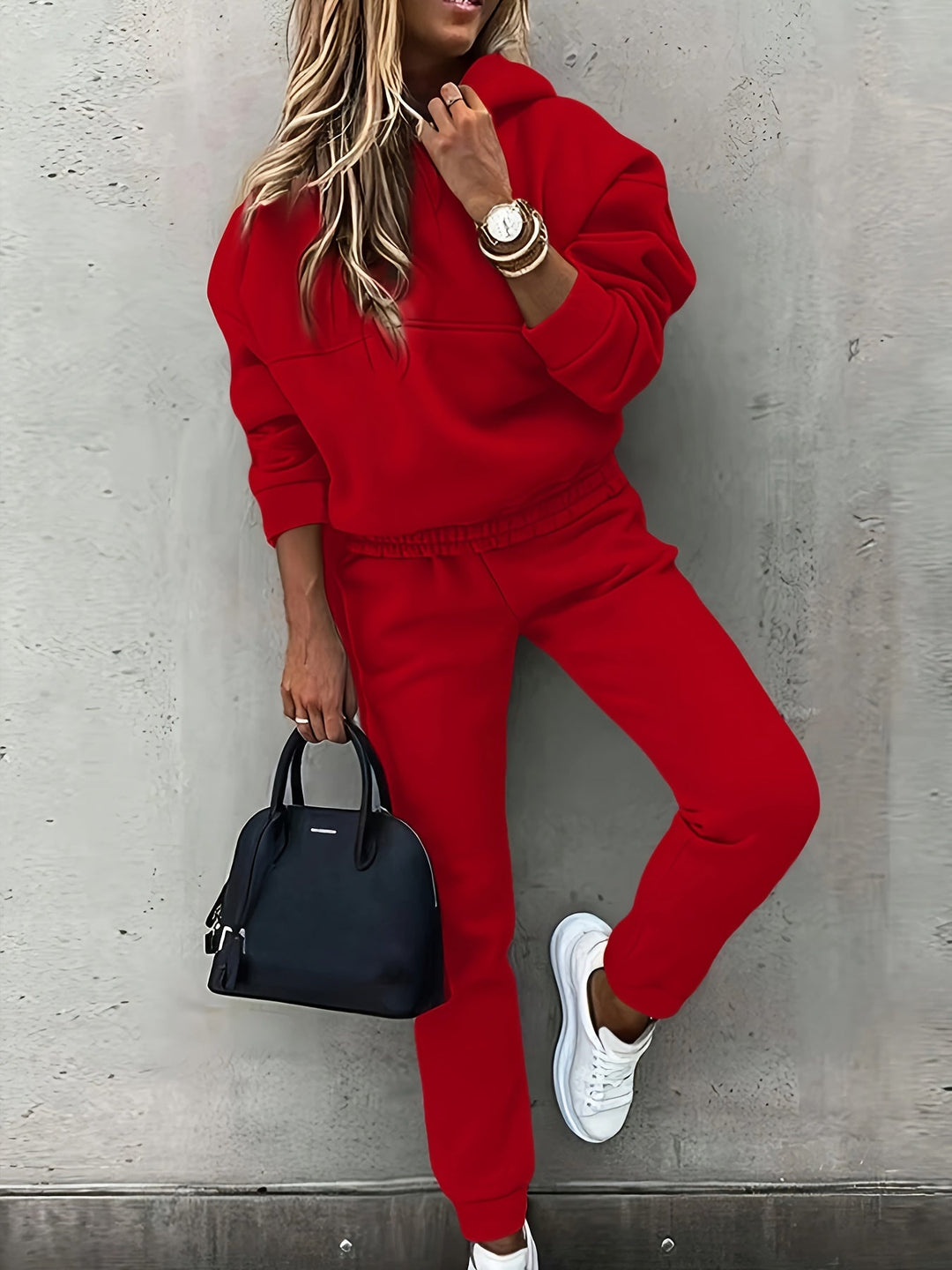 Red Relaxed Hooded Two-Piece Set for Women