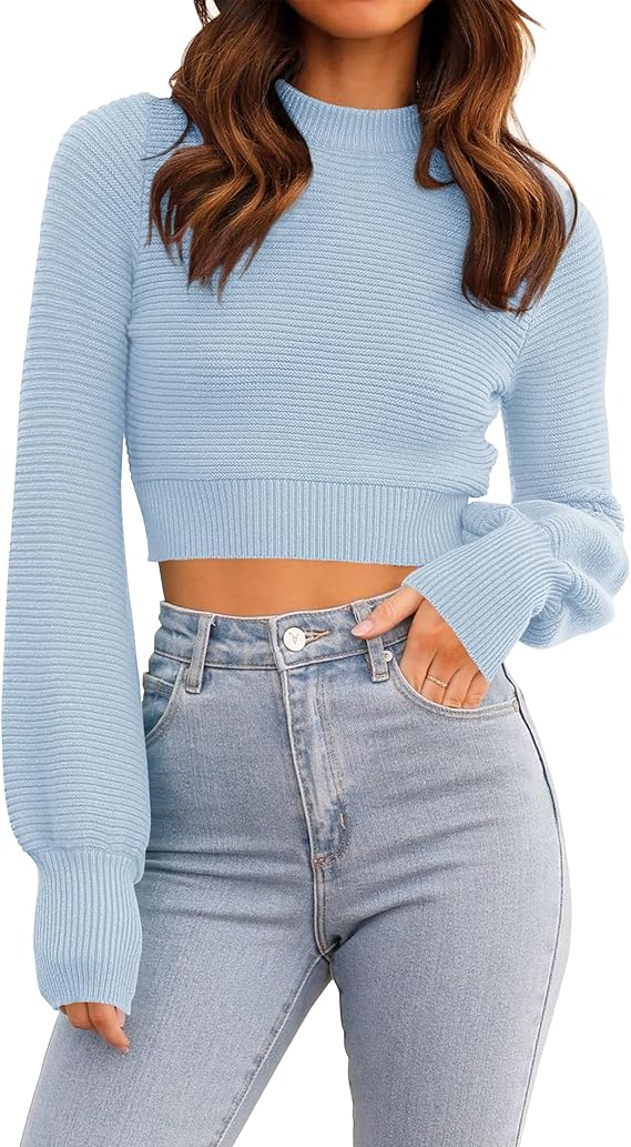 Women's Cropped Long Sleeve Knit Mock Neck Sweater – Ribbed