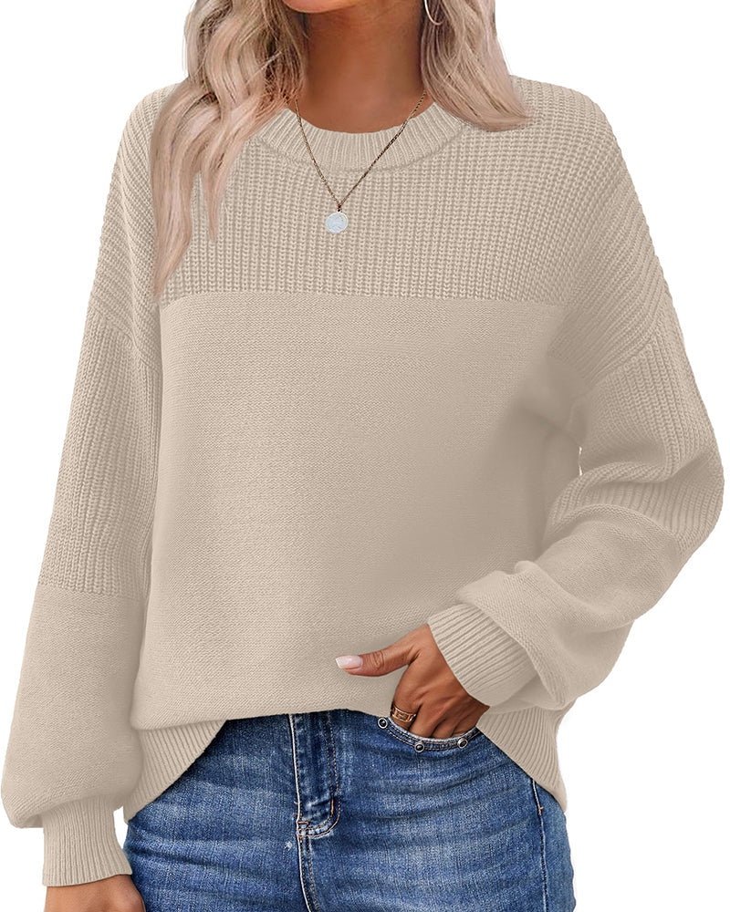 Women's Chunky Knit Crew Neck Cozy Sweater – Beige