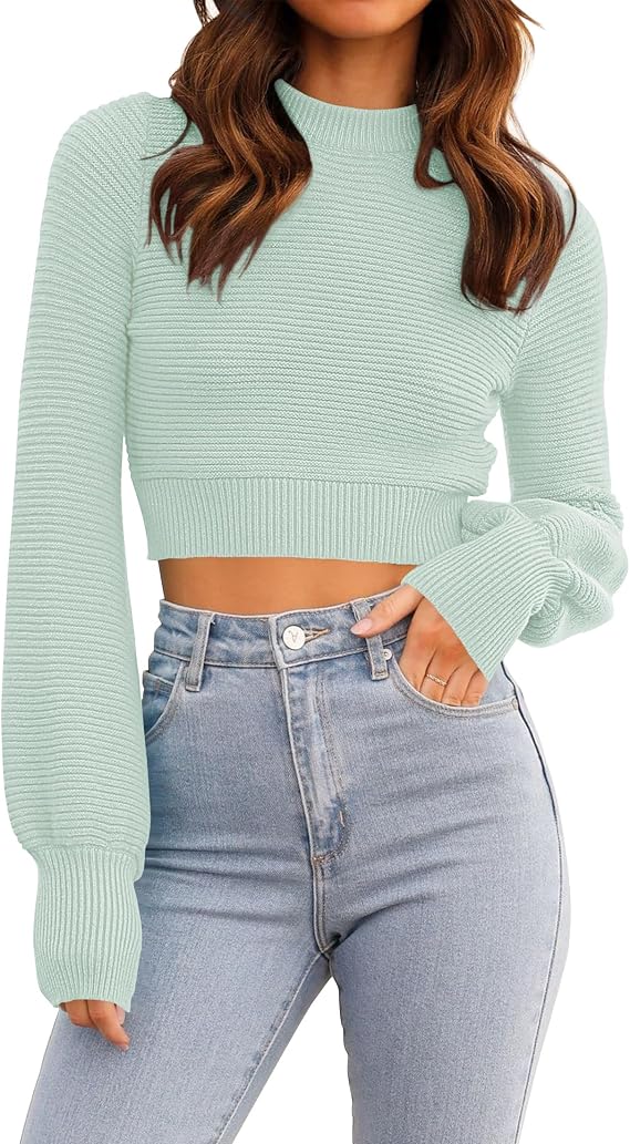 Women's Cropped Long Sleeve Knit Mock Neck Sweater – Ribbed