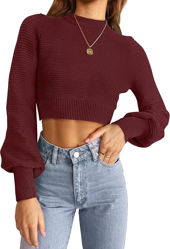 Women's Cropped Long Sleeve Knit Mock Neck Sweater – Ribbed
