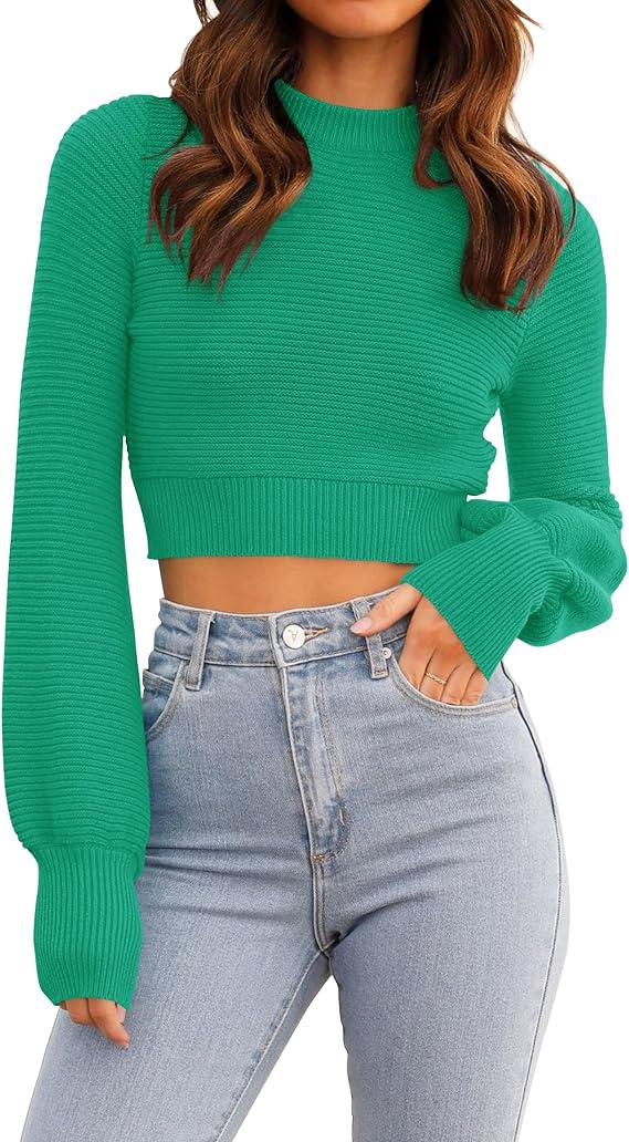 Women's Cropped Long Sleeve Knit Mock Neck Sweater – Ribbed