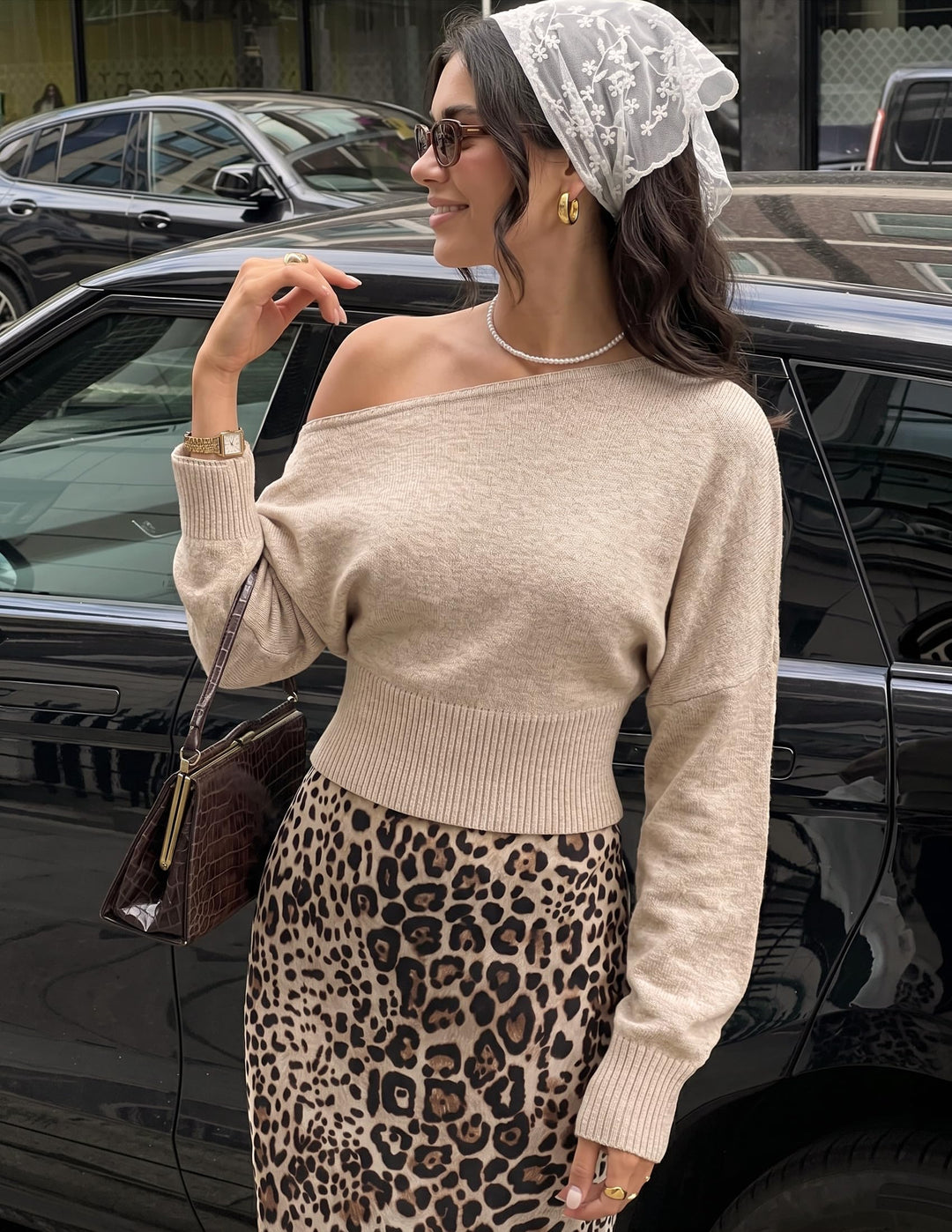 Women's Cropped Long Sleeve Off-Shoulder Knit Sweater
