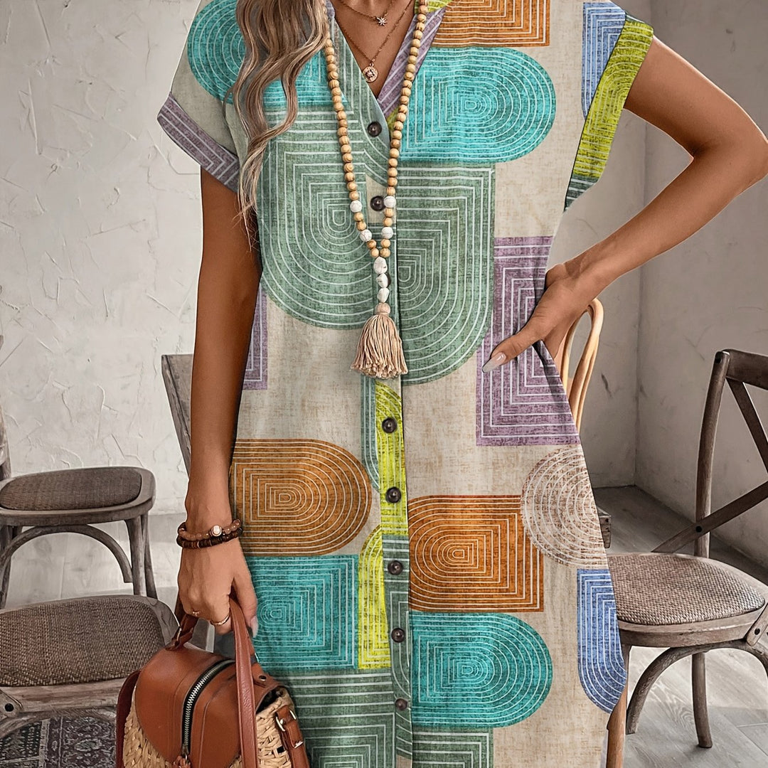 Mixed colors Retro Print Shirt Dress for Women