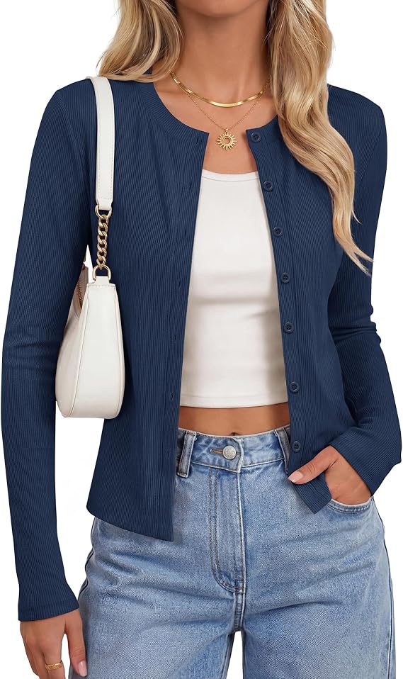 Women's Ribbed Knit Long Sleeve Cardigan – Navy Blue