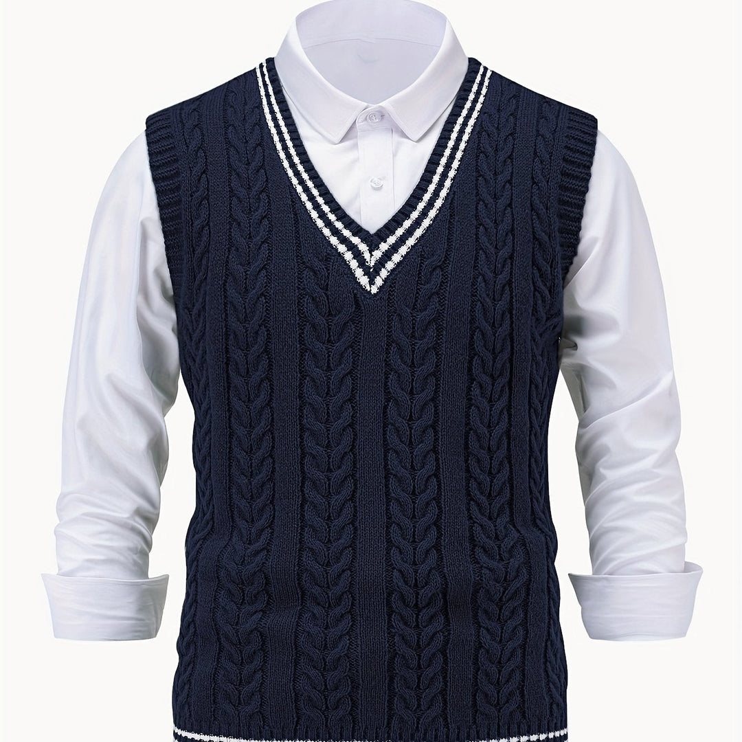 Cable-Knit V-Neck Sweater Vest for Men, Dark Gray
