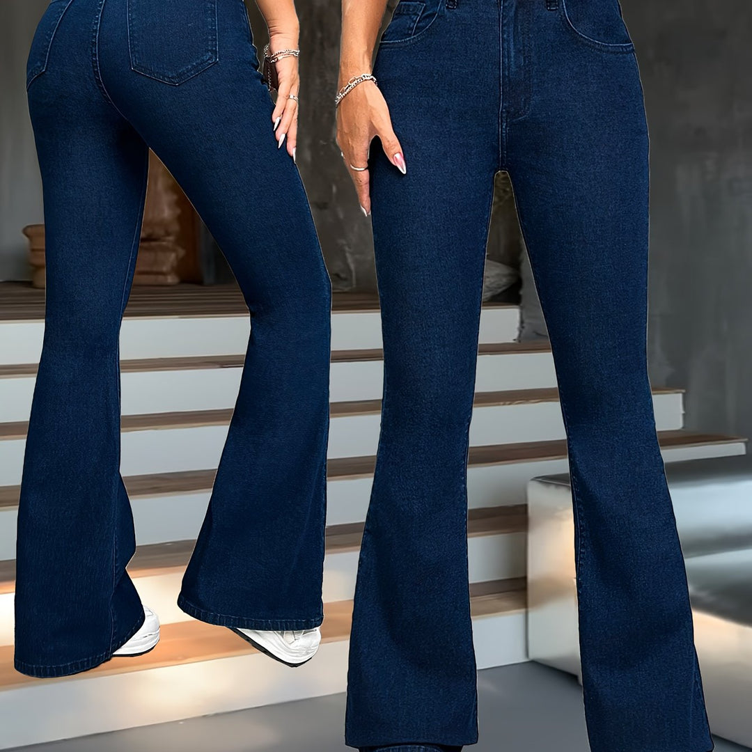 Medium Blue High-Waisted Flared Trousers for Women