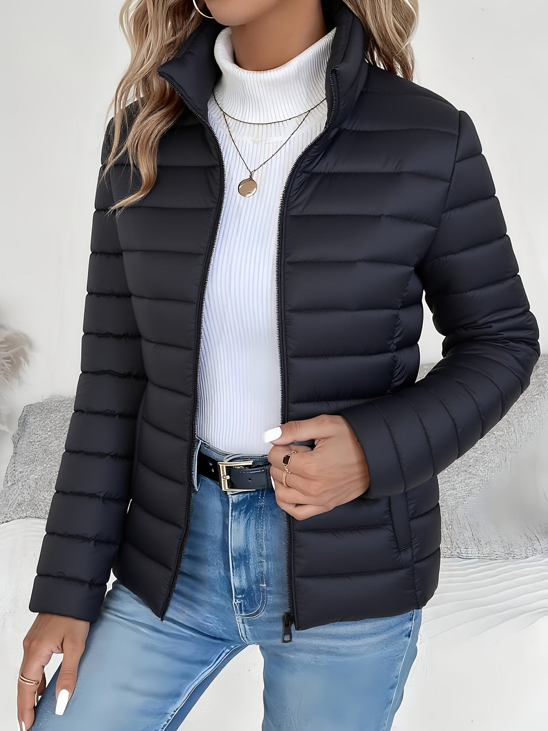 Stand-Collar Puffer Jacket for Women, Lightweight Style