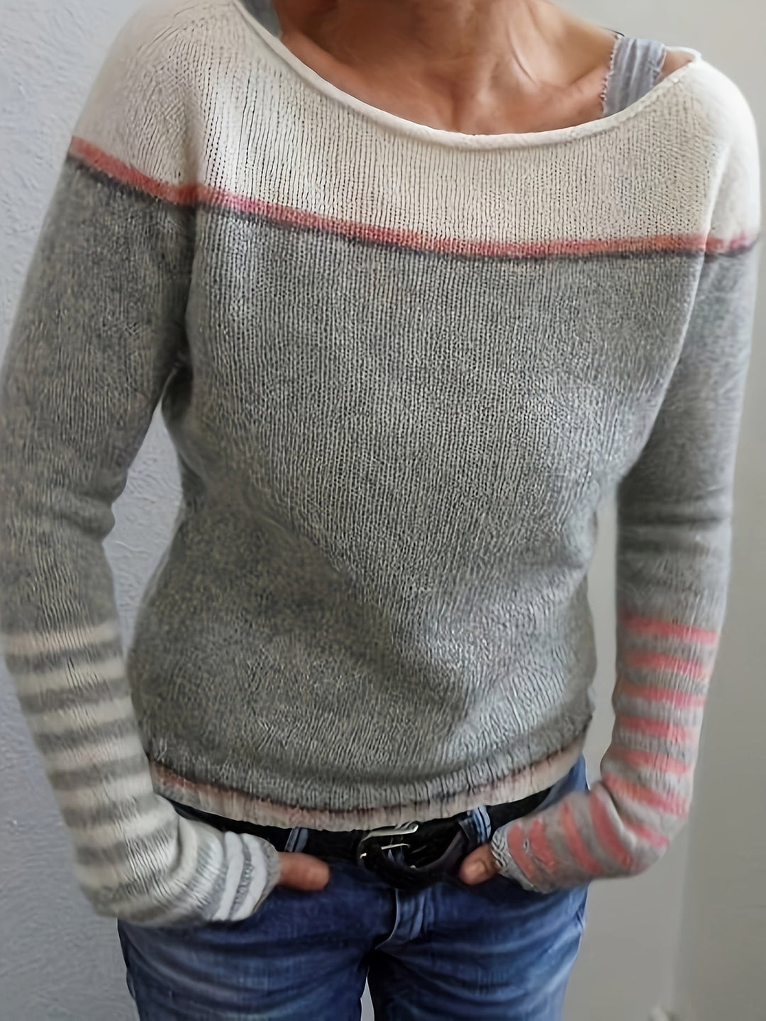 Color-Block Boat Neck Sweater for Women