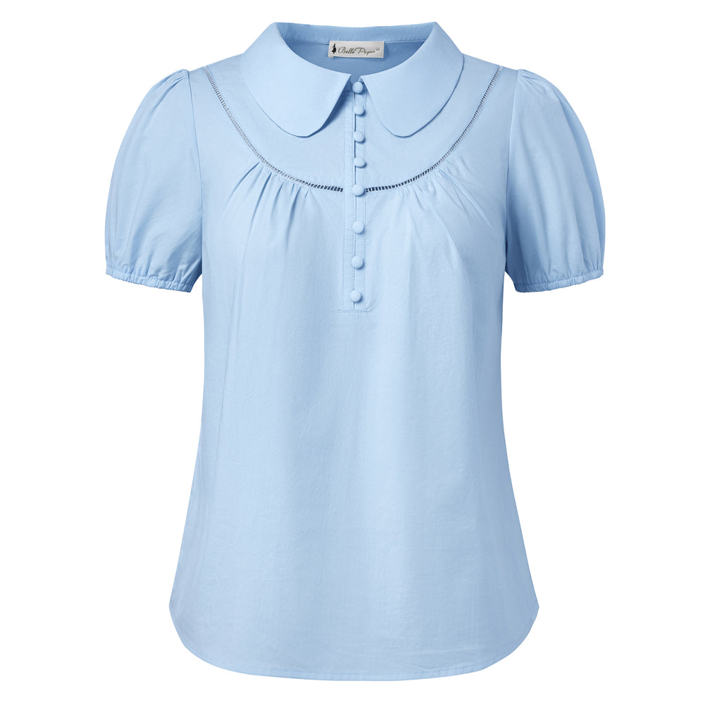 Women's Cotton Puff Sleeve Workwear Peter Pan Collar Blouse – Blue