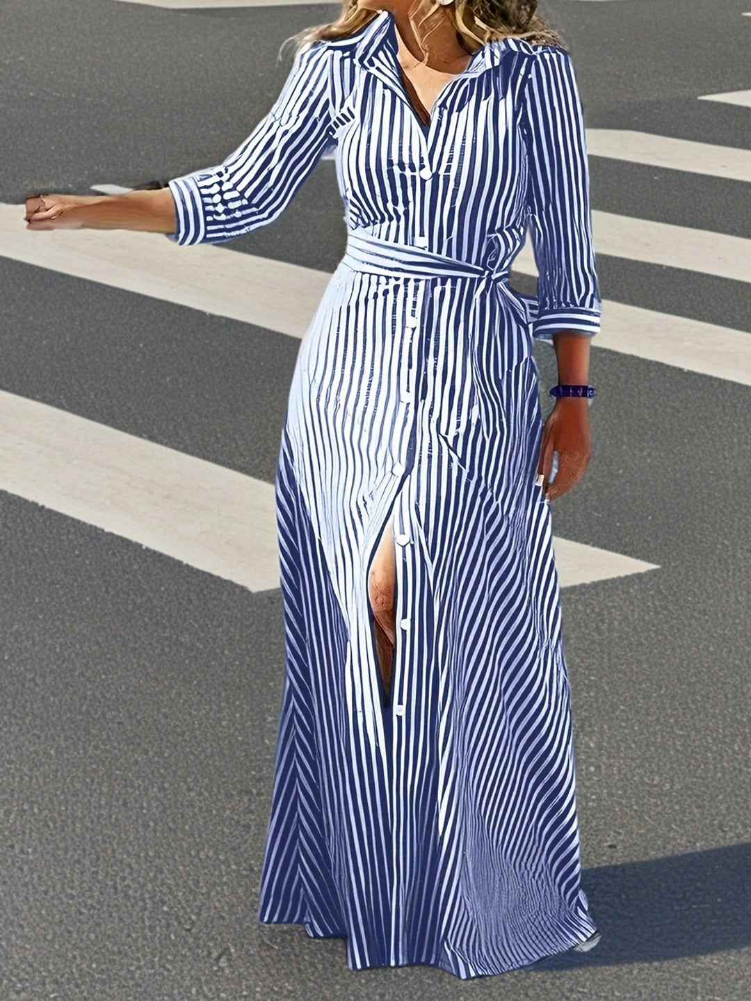 Women's Belted Shirt Maxi Dress