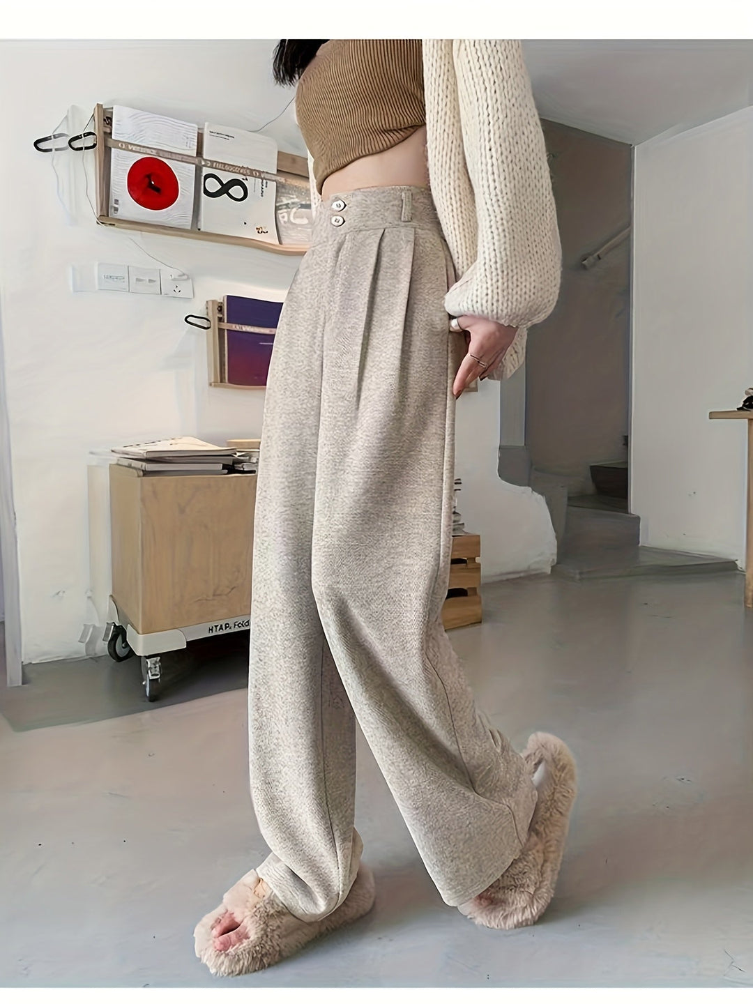 Khaki High-Waisted Wide-Leg Trousers for Women