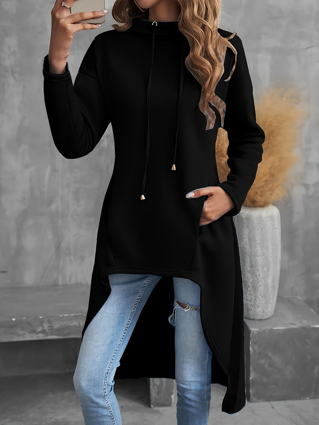 High-Low Drawstring Hoodie for Women
