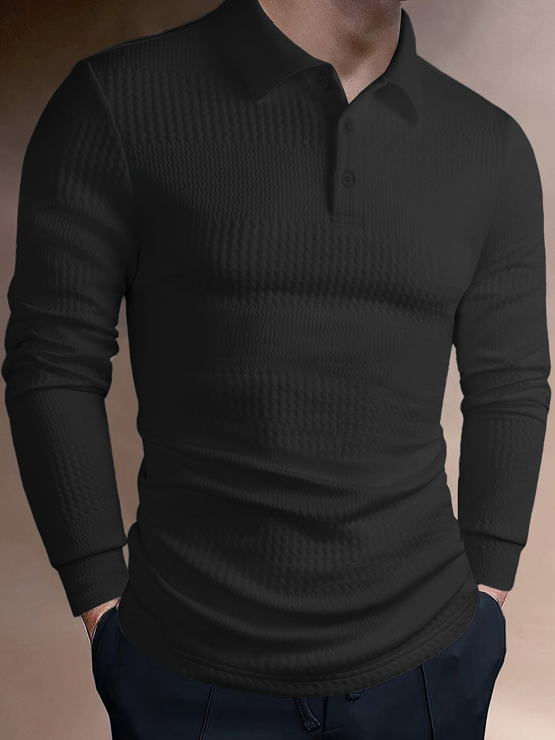 Long-Sleeve Polo Shirt for Men, Textured Style