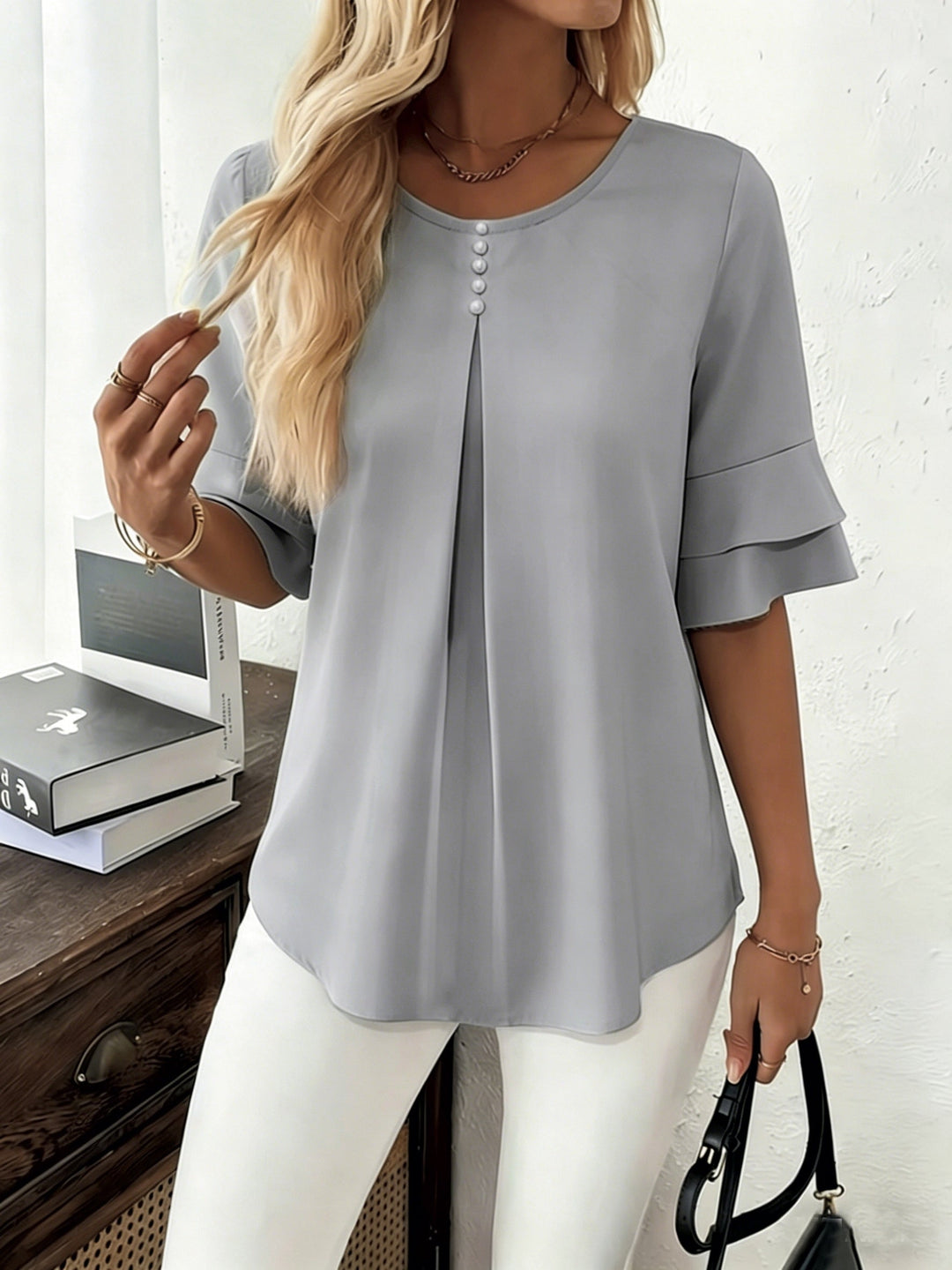 Flared-Sleeve Pleated Blouse for Women