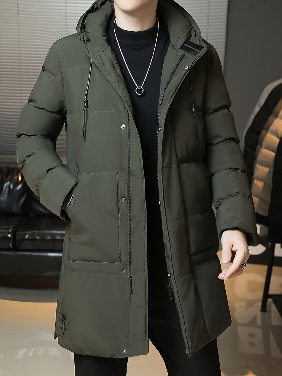 Hooded Longline Puffer Coat for Men, Plus Size