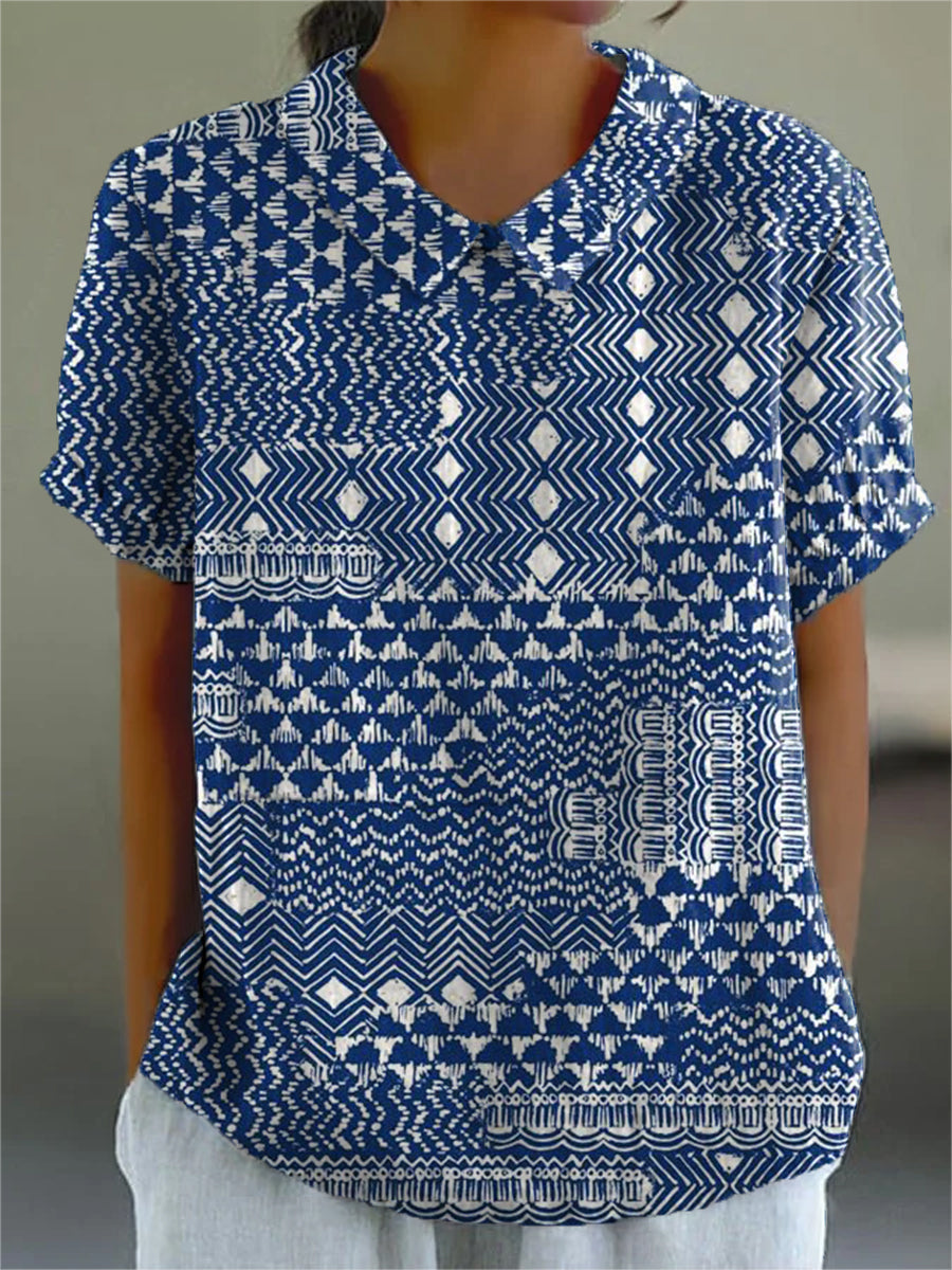 Stylish Tribal Art Collar Shirt, Plus Size