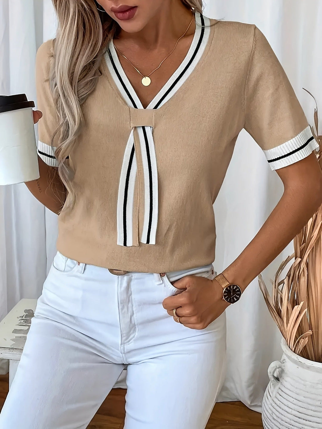 V-Neck Short-Sleeve Pullover for Women