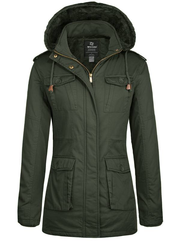 Women's Sherpa Hooded Lined Warm Parka – Army Green