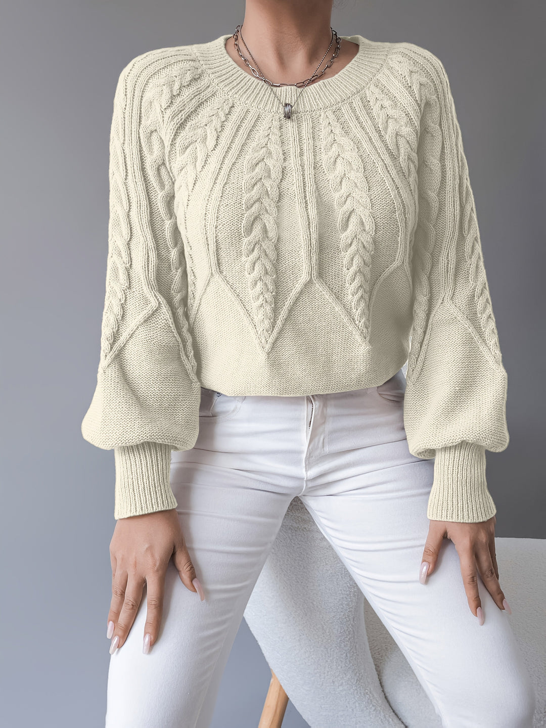 Cable-Knit Lantern Sleeve Sweater for Women