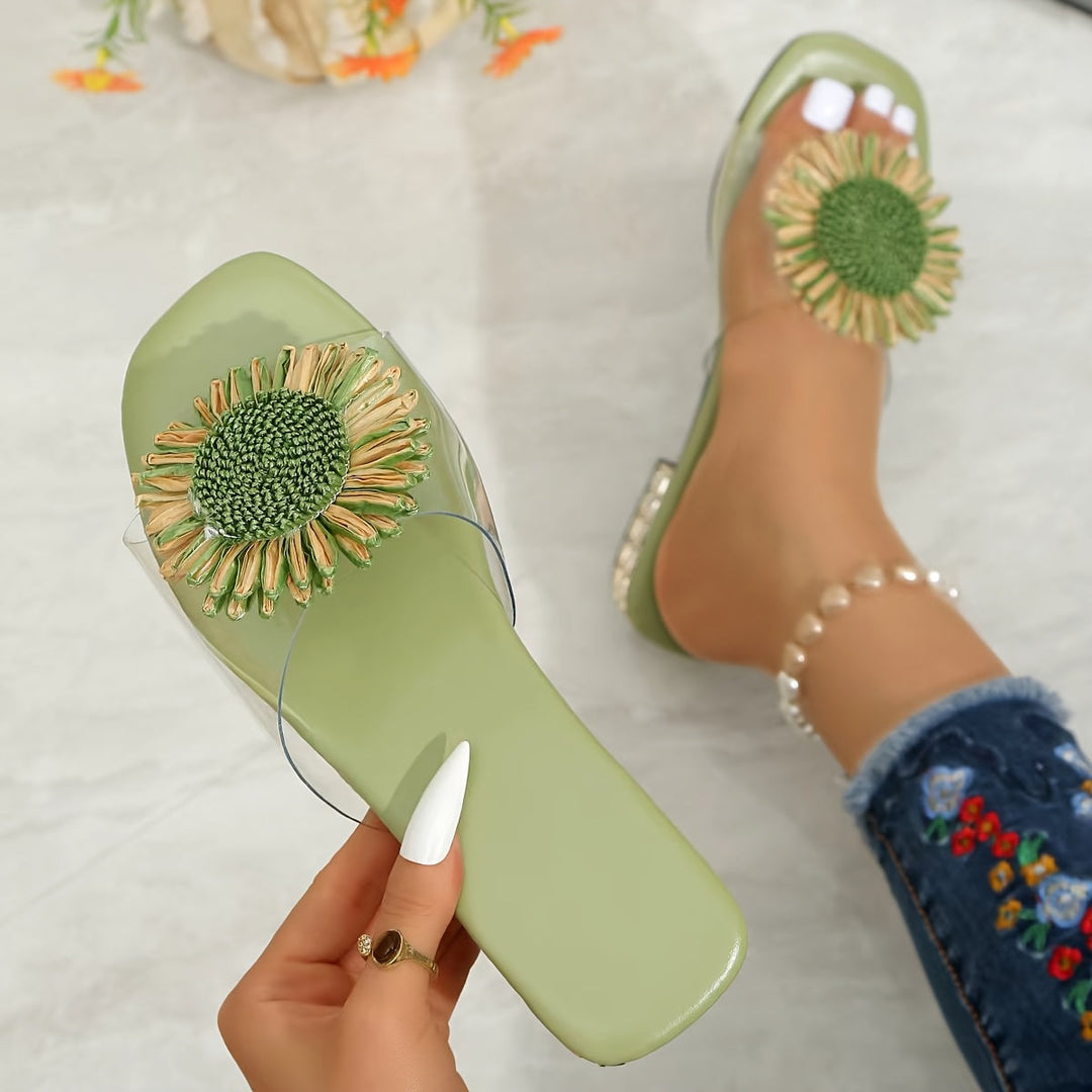 Green Floral Square-Toe Sandals for Women
