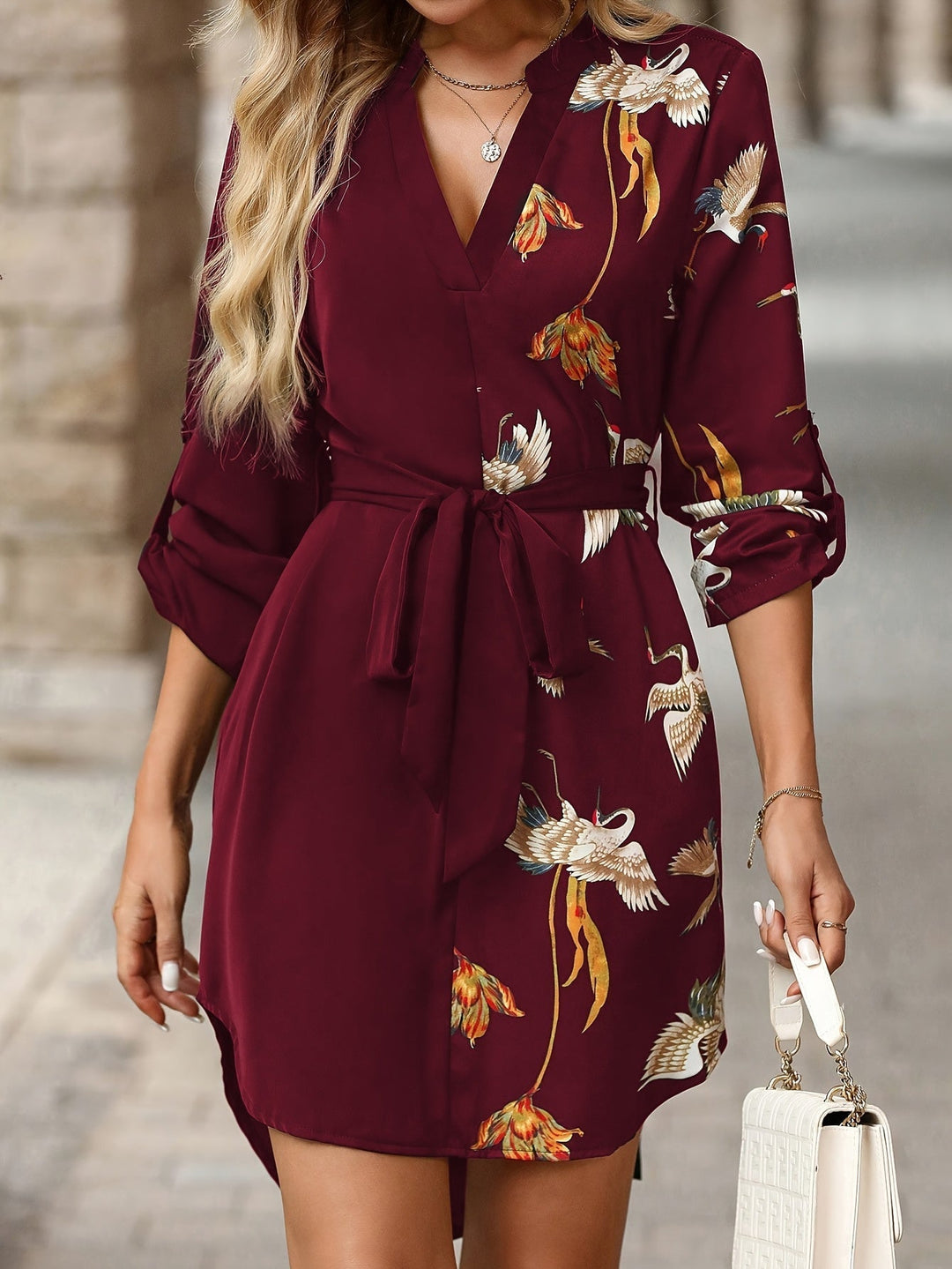 Ladies Belted Print Shirt Dress